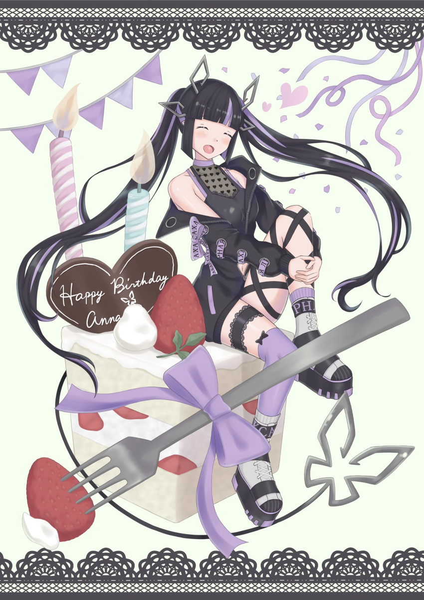 1girl bangs black_footwear black_hair black_jacket black_ribbon black_shirt blush boots bow breasts candle candy chocolate closed_eyes commentary_request confetti cross-laced_sleeves demon_girl demon_horns demon_tail fire flame food fork fruit full_body happy_birthday heart heart-shaped_chocolate heart_print highres horns hugging_own_legs jacket kojo_anna lace_border leg_ribbon long_hair long_sleeves medium_breasts multicolored_footwear multicolored_hair navel off_shoulder open_clothes open_jacket open_mouth oversized_food own_hands_together pointy_ears print_shirt purple_bow purple_footwear purple_hair purple_legwear ribbon rsyiets russian_text see-through_shirt shirt single_thighhigh sleeveless sleeveless_shirt smile solo strawberry strawberry_shortcake sugar_lyric tail thigh-highs thigh_strap twintails two-tone_hair very_long_hair virtual_youtuber white_footwear