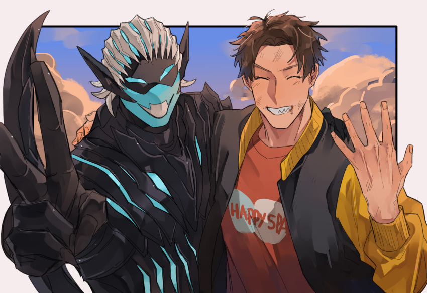 2boys armor bbbb_fex black_armor blue_eyes blue_sky brown_hair bruise demon_boy fangs friends hair_slicked_back hand_on_another's_shoulder happy_spa highres igarashi_ikki injury kamen_rider kamen_rider_revice long_fingers looking_at_viewer male_focus multiple_boys open_hand outside_border pointy_ears sharp_teeth short_hair sky teeth vice_(kamen_rider_revice) white_hair