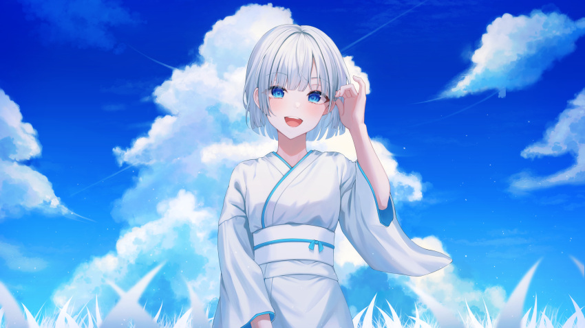 1girl :d absurdres bangs blue_eyes blue_sky clouds commentary_request copyright_request day eyebrows_visible_through_hair hand_up highres japanese_clothes kimono long_sleeves obi outdoors sarin_(seoling) sash short_hair silver_hair sky smile solo teeth upper_teeth utaite_(singer) white_kimono wide_sleeves