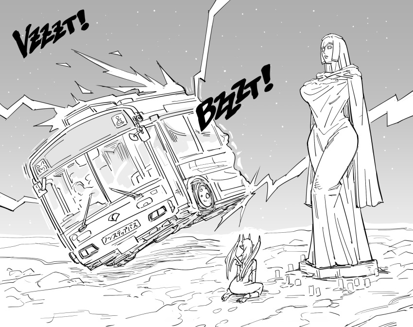 1girl bb_(baalbuddy) bus commentary demon_girl demon_wings english_commentary english_text greyscale ground_vehicle highres horns impoverished_succubus_(baalbuddy) lightning monochrome motor_vehicle original pointy_ears solo statue teleport wide_shot wings