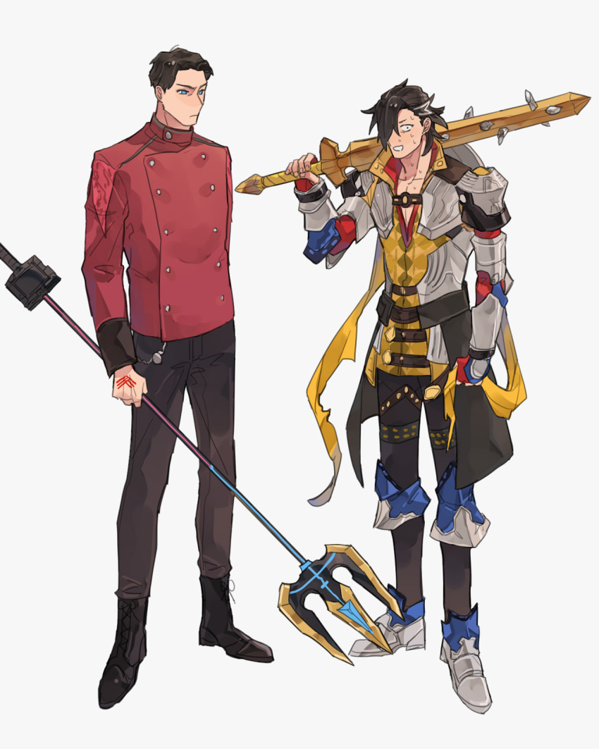 2boys armor bbbb_fex black_footwear black_hair black_pants blue_armor blue_eyes boots character_request checkered_clothes checkered_shirt crossover fate/grand_order fate_(series) fingerless_gloves gloves hair_over_one_eye highres holding holding_weapon kamen_rider kamen_rider_saber_(series) leg_armor mandricardo_(fate) multiple_boys mythology pants polearm popped_collar scared serious shindai_ryoga shirt shoulder_armor sweatdrop trait_connection trident weapon white_hair