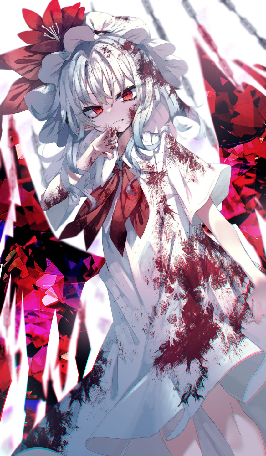 1girl :| absurdres alternate_costume alternate_hair_color arm_up bangs bat_wings blood blood_in_hair blood_on_clothes blood_on_face blood_on_hands blood_splatter bloody_wings blush closed_mouth collared_dress dress expressionless eyelashes fang fang_out feet_out_of_frame fingernails flower hat hat_flower highres knees looking_at_viewer medium_hair mob_cap muraryo red_eyes red_nails red_neckwear red_ribbon remilia_scarlet ribbon sharp_fingernails short_sleeves sidelocks silver_hair simple_background slit_pupils solo spider_lily standing touhou white_background white_dress white_headwear wing_collar wings