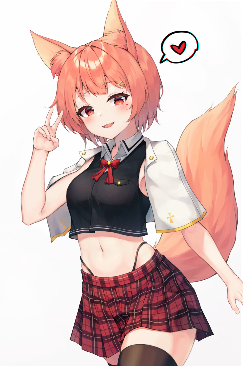 1girl :d absurdres animal_ears bangs black_panties black_shirt bow bowtie breast_pocket brown_legwear capelet commentary_request cropped_shirt cross eyebrows_visible_through_hair facial_mark fang fox_ears fox_girl fox_tail hair_ornament hairclip hand_up heart highleg highleg_panties highres looking_at_viewer midriff navel orange_eyes orange_hair original panties plaid plaid_skirt pleated_skirt pocket red_bow red_bowtie red_skirt sarika shiny shiny_hair shirt short_hair simple_background skin_fang skirt sleeveless sleeveless_shirt smile solo spoken_heart standing stomach tail thigh-highs underwear v white_background white_capelet wing_collar