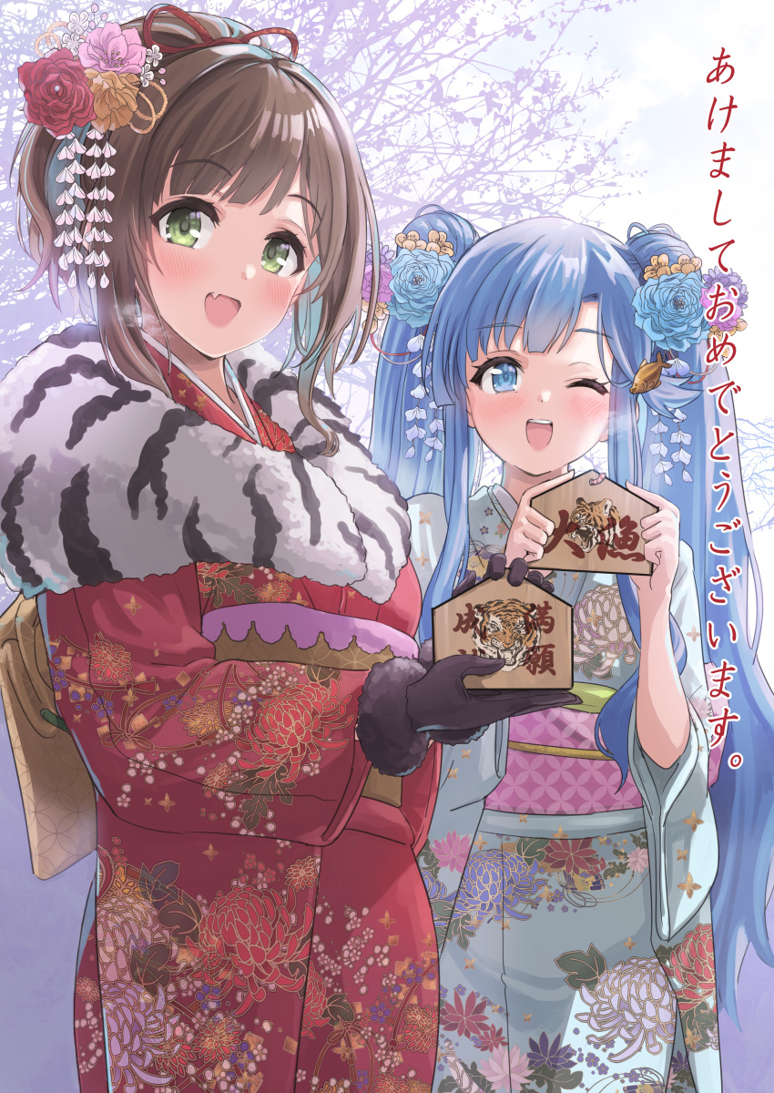2girls :d ;d absurdres asari_nanami bangs black_gloves blue_eyes blue_flower blue_hair blue_kimono blue_rose brown_flower brown_hair chinese_zodiac commentary_request day ema eyebrows_visible_through_hair fang floral_print flower fur-trimmed_gloves fur_collar fur_trim gloves green_eyes hair_flower hair_ornament highres holding idolmaster idolmaster_cinderella_girls japanese_clothes kimono long_hair long_sleeves maekawa_miku multiple_girls obi one_eye_closed outdoors pink_flower pizzasi ponytail print_kimono red_flower red_kimono rose sash smile translation_request twintails very_long_hair wide_sleeves year_of_the_tiger