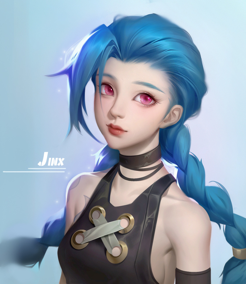 1girl arcane:_league_of_legends arcane_jinx arm_tattoo asymmetrical_bangs bangs bare_shoulders blue_background blue_hair braid breasts brown_choker brown_shirt character_name choker closed_mouth cloud_tattoo collarbone gloves highres jinx_(league_of_legends) league_of_legends long_hair looking_at_viewer pink_eyes san_de_long_am06 shirt shoulder_tattoo simple_background solo tattoo twin_braids