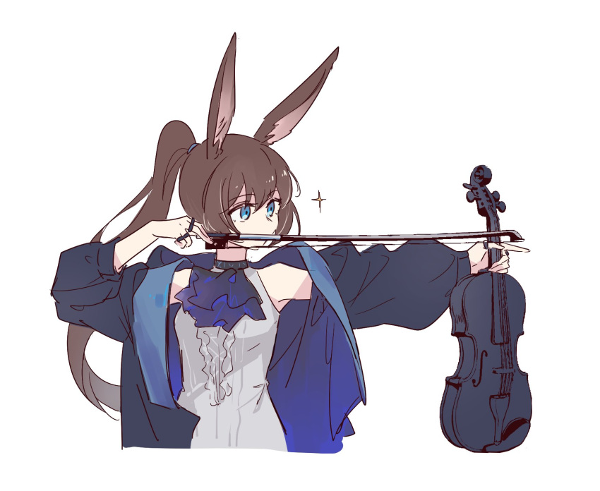 1girl amiya_(arknights) animal_ears arknights ascot black_jacket blue_ascot blue_eyes bow_(music) brown_hair frilled_ascot frills high_ponytail highres holding holding_instrument instrument jacket jewelry kaleka long_hair multiple_rings neck_ring open_clothes open_jacket rabbit_ears rabbit_girl ring shirt simple_background sleeveless sleeveless_shirt solo thumb_ring upper_body violin white_background white_shirt