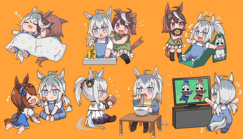 ! +++ 3girls absurdres ahoge animal_ears baby bangs barefoot bib blanket blue_eyes blue_skirt braid brown_hair chair chicken_leg closed_eyes crawling dress drooling earrings eating eighth_note feeding food fork green_dress highres horse_ears horse_girl horse_tail jewelry jitome kusanagi_kaoru midori_makibaoo midori_no_makibaoo mouth_drool multiple_girls multiple_views musical_note noodles notice_lines oguri_cap_(umamusume) open_mouth orange_background overalls ponytail shared_blanket shirt simple_background single_earring sitting skirt sleeping slide spoon stuffed_animal stuffed_lion stuffed_toy super_creek_(umamusume) symboli_rudolf_(umamusume) table tail tail_raised television triangle_mouth umamusume violet_eyes white_shirt zzz