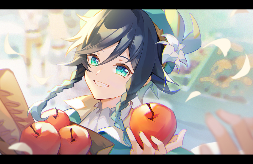 1boy absurdres androgynous apple autumnlll bag baguette bangs beret black_hair blue_hair blurry blurry_background braid bread collared_cape collared_shirt commentary_request flower food fruit genshin_impact gradient_hair green_eyes green_headwear grin hat hat_flower highres holding holding_food holding_fruit leaf looking_at_viewer male_focus multicolored_hair open_mouth paper_bag shirt short_hair_with_long_locks side_braids sidelocks smile solo twin_braids venti_(genshin_impact) white_flower white_shirt