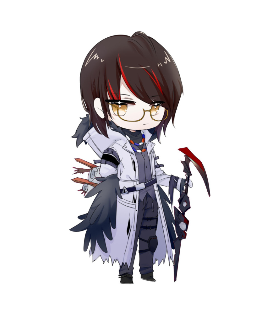 1boy arknights arm_behind_back bangs belt bird_wings black_belt black_footwear black_hair black_pants cane chibi coat eyebrows_visible_through_hair full_body glasses gnosis_(arknights) grey_vest highres knee_pads kongqiyu looking_at_viewer male_focus multicolored_hair open_clothes open_coat pants redhead shoes short_hair simple_background solo standing streaked_hair vest white_background white_coat wings yellow_eyes