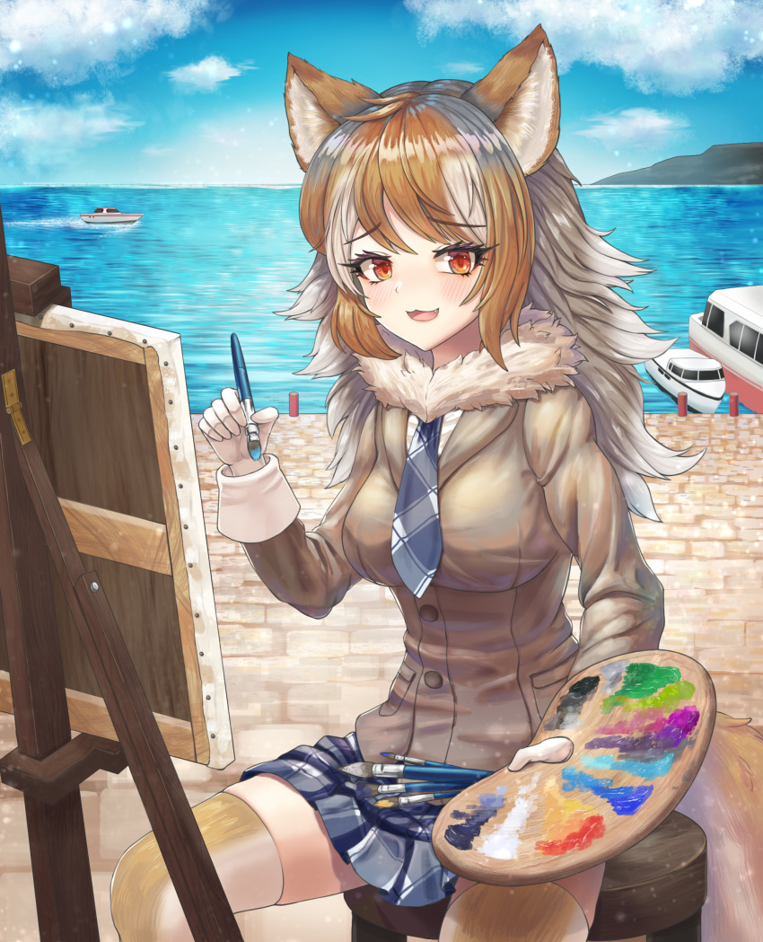 1girl :3 absurdres animal_ears blue_necktie blue_skirt blue_sky blush boat breasts brown_eyes brown_hair brown_legwear clouds day easel eyebrows_visible_through_hair fang gloves highres holding holding_paintbrush holding_palette italian_wolf_(kemono_friends) kemono_friends long_hair long_sleeves looking_at_viewer medium_breasts multicolored_hair necktie neukkom open_mouth outdoors paintbrush palette_(object) plaid plaid_necktie plaid_skirt pleated_skirt sitting skirt sky smile solo tail thigh-highs water watercraft white_gloves white_hair wolf_ears wolf_girl wolf_tail