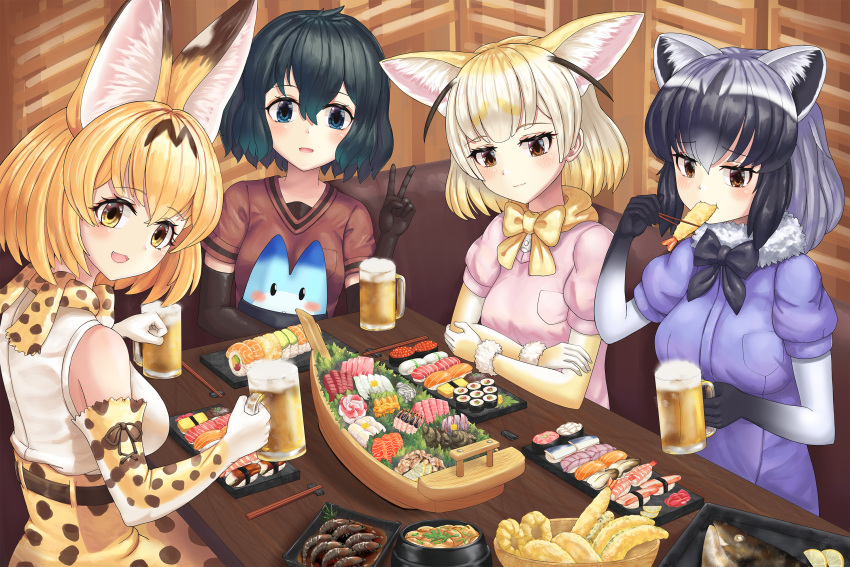 4girls animal_ears beer_mug black_bow black_bowtie black_eyes black_gloves black_hair blonde_hair bow bowtie breast_pocket breasts brown_eyes chopsticks closed_mouth common_raccoon_(kemono_friends) crossed_arms cup eating elbow_gloves eyebrows_visible_through_hair fennec_(kemono_friends) fish food gloves gradient_gloves grey_hair highres holding holding_chopsticks holding_cup kaban_(kemono_friends) kemono_friends latex latex_gloves looking_at_viewer lucky_beast_(kemono_friends) medium_breasts mug multicolored_clothes multicolored_gloves multicolored_hair multiple_girls neukkom open_mouth orange_bow orange_bowtie orange_eyes orange_gloves orange_hair parted_lips pocket raccoon_ears raccoon_girl red_shirt sashimi serval_(kemono_friends) serval_print shirt short_hair short_sleeves sitting sleeveless sushi table tail v wavy_hair white_gloves white_hair yellow_bow yellow_bowtie