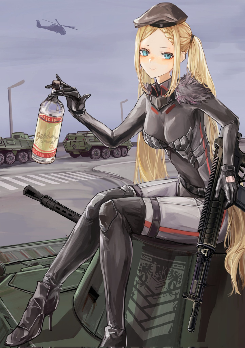 1girl a-545_(girls'_frontline) a545 aircraft alcohol aqua_eyes assault_rifle belt beret black_footwear black_gloves blonde_hair bodysuit boots bottle braid breasts closed_mouth eyebrows_visible_through_hair full_body girls_frontline gloves grey_bodysuit grifon_&amp;_kryuger gun hair_ornament hairclip hat helicopter high_heel_boots high_heels highres holding holding_bottle holding_gun holding_weapon knee_boots lithographica long_hair looking_at_viewer medium_breasts military military_vehicle revision rifle simple_background sitting smile solo stolichnaya_(vodka) twintails vodka weapon
