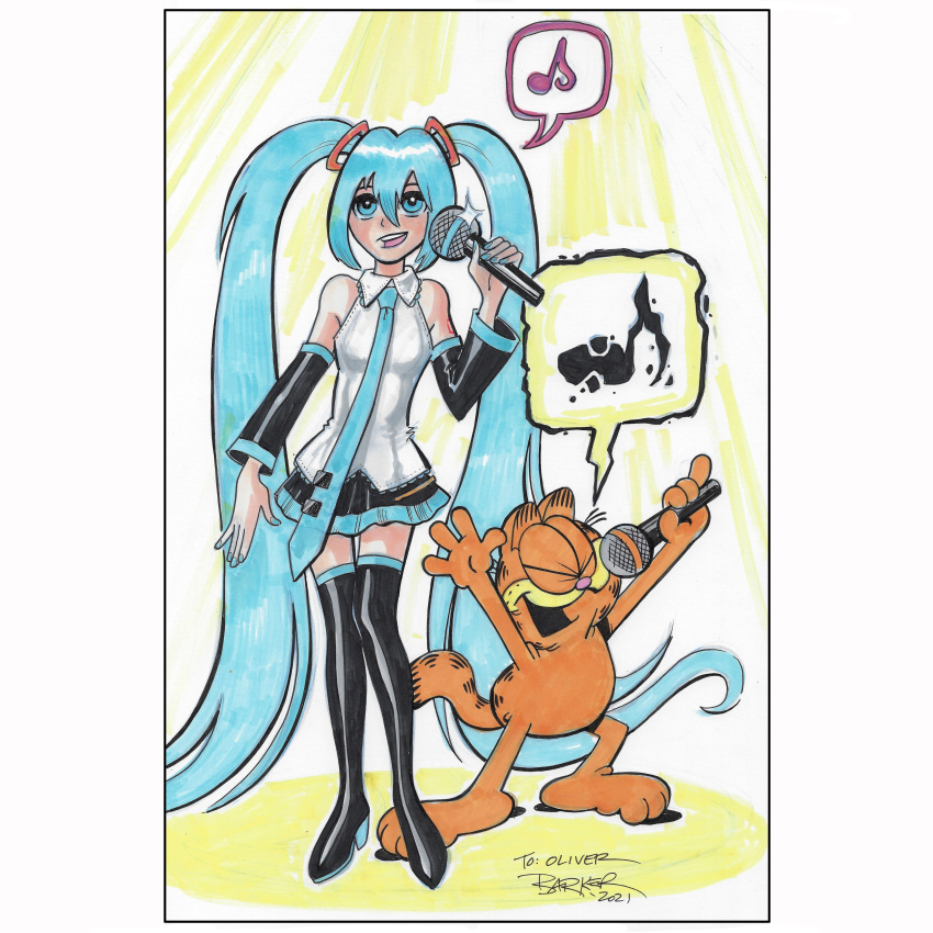 1girl 2021 absurdres black_footwear black_skirt blue_eyes blue_hair blue_necktie boots breasts cat collared_shirt crossover detached_sleeves english_commentary garfield garfield_(character) gary_barker hatsune_miku highres holding holding_microphone marker_(medium) medium_breasts microphone musical_note necktie shirt signing skirt speech_bubble spoken_musical_note thigh-highs thigh_boots traditional_media twintails vocaloid white_shirt