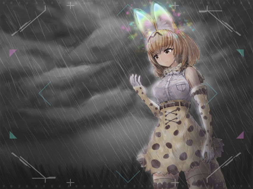 1girl animal_ears belt bow bowtie breasts crying crying_with_eyes_open elbow_gloves eyebrows_visible_through_hair gloves highres kemono_friends large_breasts multicolored_clothes multicolored_gloves neukkom orange_bow orange_bowtie orange_eyes orange_gloves orange_hair orange_legwear orange_skirt rain sad sandstar serval_(kemono_friends) serval_print shirt short_hair skirt solo tail tears thigh-highs wet wet_clothes wet_shirt white_gloves