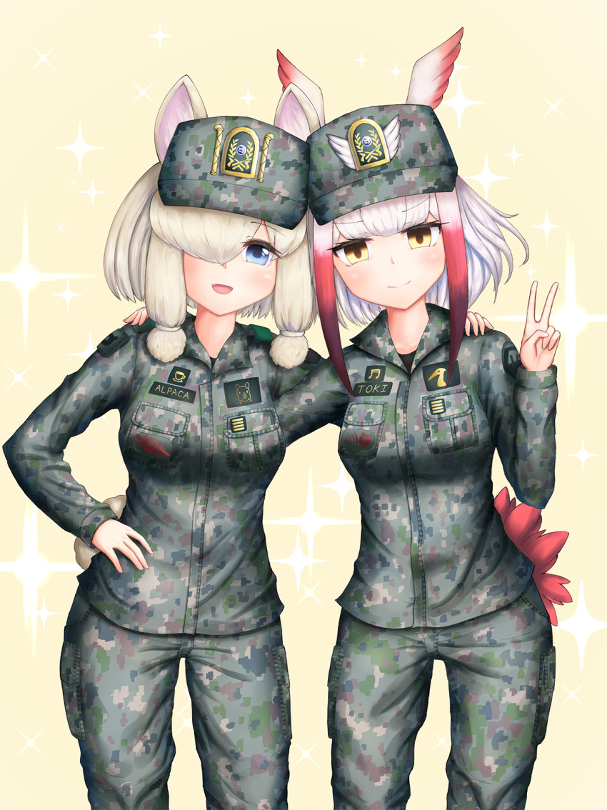 2girls alpaca_suri_(kemono_friends) alternate_costume animal_ears blonde_hair blue_eyes blush breasts brown_eyes camouflage camouflage_headwear camouflage_jacket camouflage_pants character_name closed_mouth ears_through_headwear eyebrows_visible_through_hair hair_over_one_eye hand_on_another's_shoulder hat head_wings highres jacket japanese_crested_ibis_(kemono_friends) kemono_friends looking_at_viewer medium_breasts multicolored_hair multiple_girls neukkom open_mouth pants redhead short_hair smile tail v white_hair