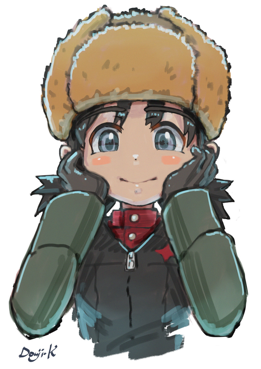 1girl artist_name bangs black_gloves black_hair black_vest blue_eyes blush_stickers brown_headwear closed_mouth commentary cropped_torso eyebrows_visible_through_hair fur_hat girls_und_panzer gloves green_jacket hands_on_own_face hat highres jacket kuroneko_douji long_sleeves looking_at_viewer low_twintails military military_uniform nina_(girls_und_panzer) pravda_military_uniform red_shirt shirt short_hair short_twintails signature simple_background sketch smile solo turtleneck twintails uniform upper_body ushanka vest white_background zipper