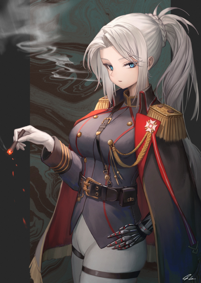 1girl absurdres belt black_belt blue_eyes breasts cigarette cowboy_shot epaulettes eyebrows_visible_through_hair gloves grey_legwear grey_pants hand_on_hip highres ioriwu8 large_breasts long_hair long_sleeves looking_at_viewer mechanical_arms military military_uniform original pants parted_lips ponytail silver_hair single_mechanical_arm smoke smoking solo thighs tied_hair uniform white_gloves