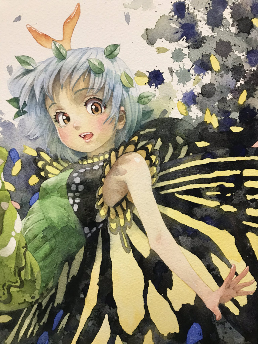 1girl antenna_hair aqua_hair blush brown_eyes butterfly_wings dress eternity_larva fairy green_dress highres leaf leaf_on_head misawa_hiroshi multicolored_clothes multicolored_dress open_mouth painting_(medium) short_hair short_sleeves single_strap solo teeth touhou traditional_media upper_teeth watercolor_(medium) wings