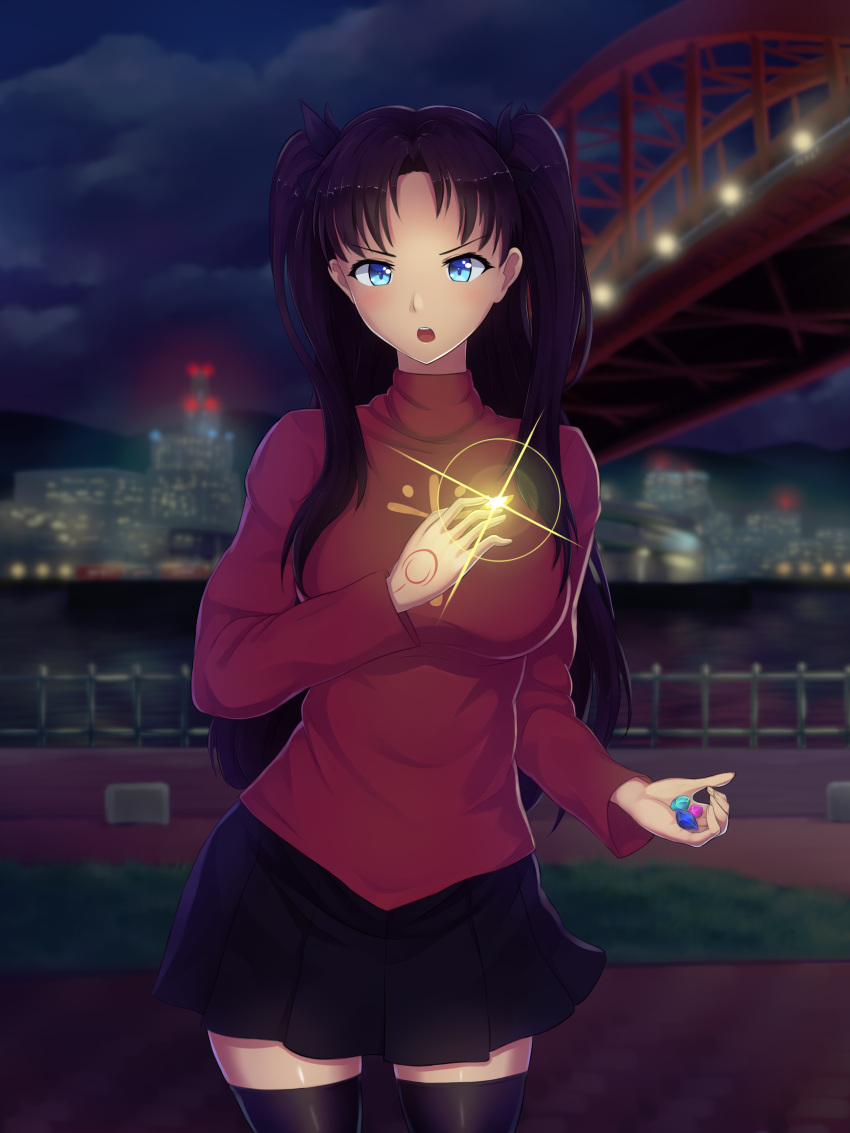 1girl absurdres black_bow black_skirt blue_eyes blurry bow breasts bridge brown_hair cityscape command_spell depth_of_field fate/stay_night fate_(series) glowing hair_bow highres jewelry medium_breasts miniskirt red_sweater river skirt solo sweater thigh-highs thighs tohsaka_rin two_side_up warmcummies zettai_ryouiki
