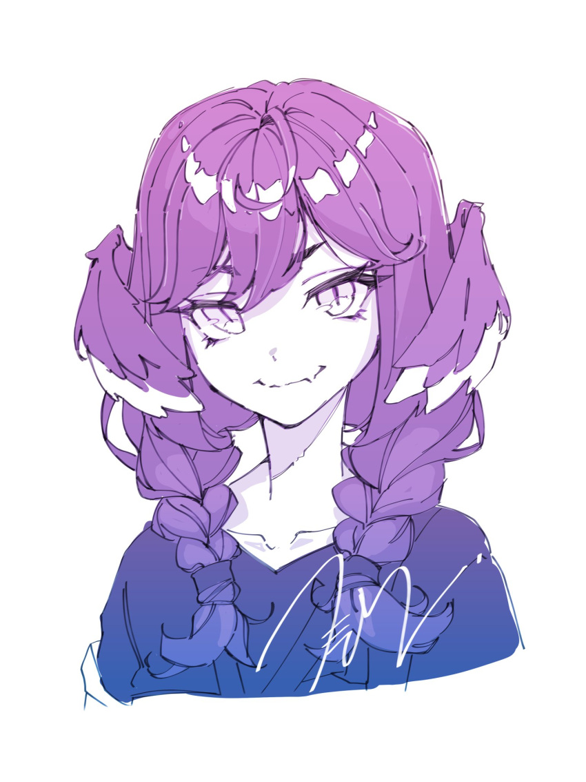 1girl ahoge bangs black_sweater braid breasts collarbone cropped_torso deum eyebrows_visible_through_hair fang fang_out highres medium_breasts nijisanji nijisanji_en purple_hair selen_tatsuki sketch skin_fang smile solo sweater twin_braids virtual_youtuber white_background