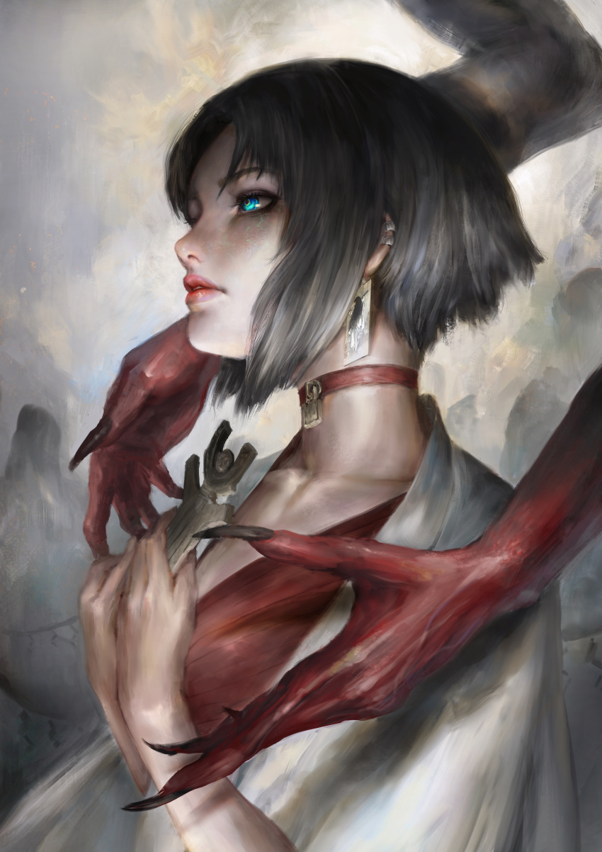1girl absurdres black_hair black_nails blue_eyes breasts choker collarbone colored_skin earrings fingernails hair_behind_ear highres holding jewelry long_fingernails marie_(persona_4) medium_breasts open_hands parted_lips persona persona_4 persona_4_the_golden red_choker red_skin short_hair solo_focus thedurianart white_robe