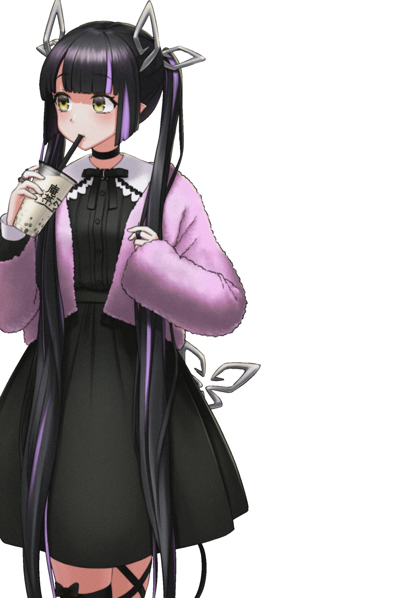 1girl alternate_costume bangs black_choker black_dress black_hair black_ribbon blunt_bangs blush breasts bubble_tea choker collar commentary_request cowboy_shot cup demon_girl demon_horns demon_tail dress drinking drinking_straw drinking_straw_in_mouth eyebrows_visible_through_hair frilled_collar frills fur_jacket highres holding holding_cup horns i_namatsu jacket jewelry kojo_anna leg_ribbon long_hair long_sleeves looking_afar medium_breasts multicolored_hair pink_jacket pointy_ears purple_hair ribbon ring simple_background solo sugar_lyric tail transparent_background twintails two-tone_hair very_long_hair virtual_youtuber yellow_eyes