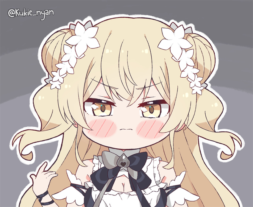 1girl angry black_bow black_bowtie black_shirt blonde_hair blush_stickers bow bowtie chibi cleavage_cutout clothing_cutout commentary dark_persona double_bun english_commentary flower frilled_shirt frills hair_flower hair_ornament hololive kukie-nyan long_hair momosuzu_nene shirt sleeveless sleeveless_shirt solo twitter_username two_side_up v-shaped_eyebrows virtual_youtuber yellow_eyes