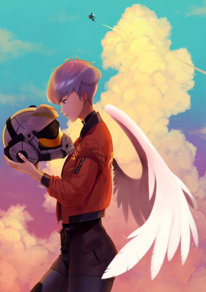 1girl apex_legends black_pants black_sweater brown_eyes chamuri_(chumriiism) clouds crying crying_with_eyes_open flying from_side grey_hair helmet highres holding holding_helmet jacket looking_down mecha northstar_(titanfall) pants red_jacket short_hair sky solo sweater tears titanfall_(series) titanfall_2 undercut valkyrie_(apex_legends) wings