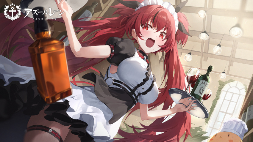 1girl alcohol azur_lane bangs bird black_dress blush bottle breasts chick cup dress drinking_glass highres large_breasts long_hair looking_at_viewer maid_headdress manjuu_(azur_lane) open_mouth puffy_short_sleeves puffy_sleeves red_eyes redhead sb_lama short_sleeves thighs tray twintails wine wine_glass