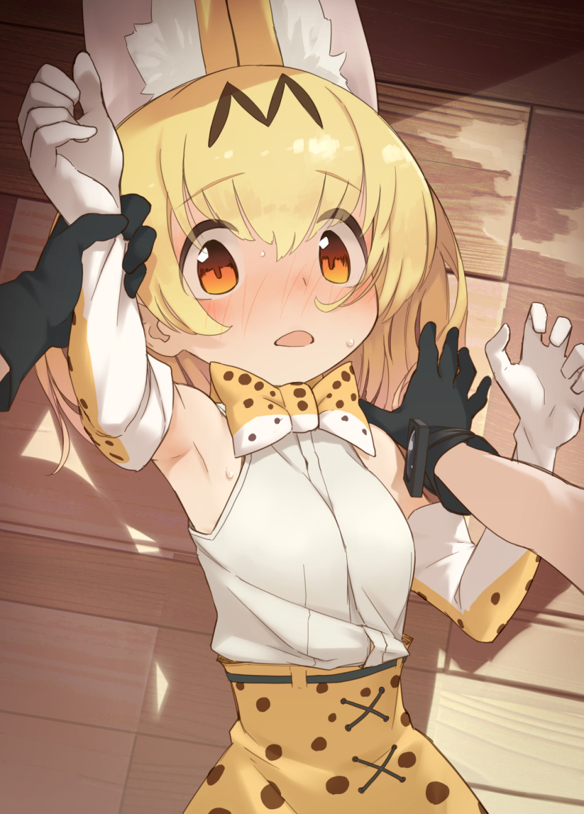 2girls animal_ear_fluff animal_ears animal_print arm_support arm_up armpits bangs bare_shoulders black_gloves blonde_hair blush bow bowtie cross-laced_clothes curled_fingers d: elbow_gloves extra_ears eyebrows_visible_through_hair eyes_visible_through_hair female_pov floor foreshortening full-face_blush gloves hair_between_eyes hand_up high-waist_skirt highres holding_another's_wrist indoors kaban_(kemono_friends) kemono_friends looking_at_viewer lying multiple_girls on_back on_floor open_mouth orange_eyes out_of_frame pinned pov pov_hands print_bow print_bowtie print_gloves print_skirt serval_(kemono_friends) serval_print shadow shirt shirt_tucked_in short_hair skirt sleeveless sleeveless_shirt solo_focus sweat tareme upper_body white_gloves white_shirt wooden_floor yamadori_seika yuri