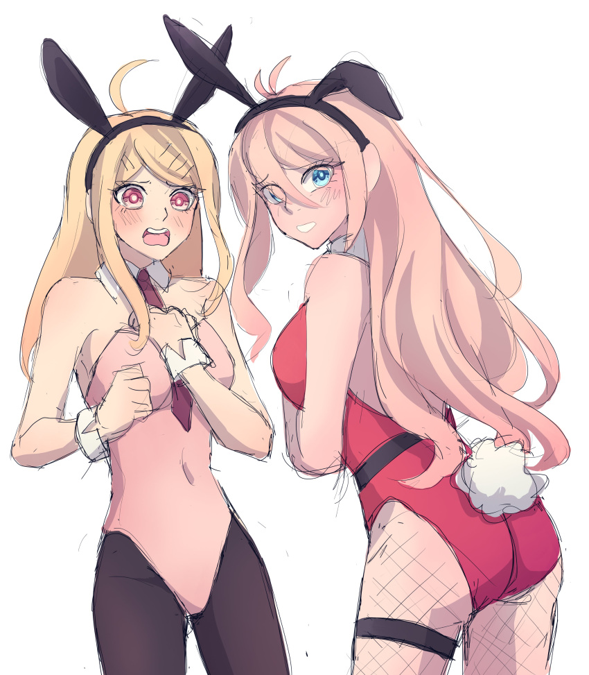 2girls absurdres akamatsu_kaede alternate_costume animal_ears ass bangs bare_shoulders black_legwear blue_eyes blush breasts covered_navel danganronpa_(series) danganronpa_v3:_killing_harmony fake_animal_ears fake_tail fishnet_legwear fishnets from_behind grey_background highres iruma_miu leotard long_hair looking_back medium_breasts mishmasz multiple_girls pantyhose pink_eyes pink_leotard playboy_bunny playboy_bunny_leotard rabbit_ears rabbit_tail red_leotard simple_background sketch tail teeth upper_teeth wrist_cuffs