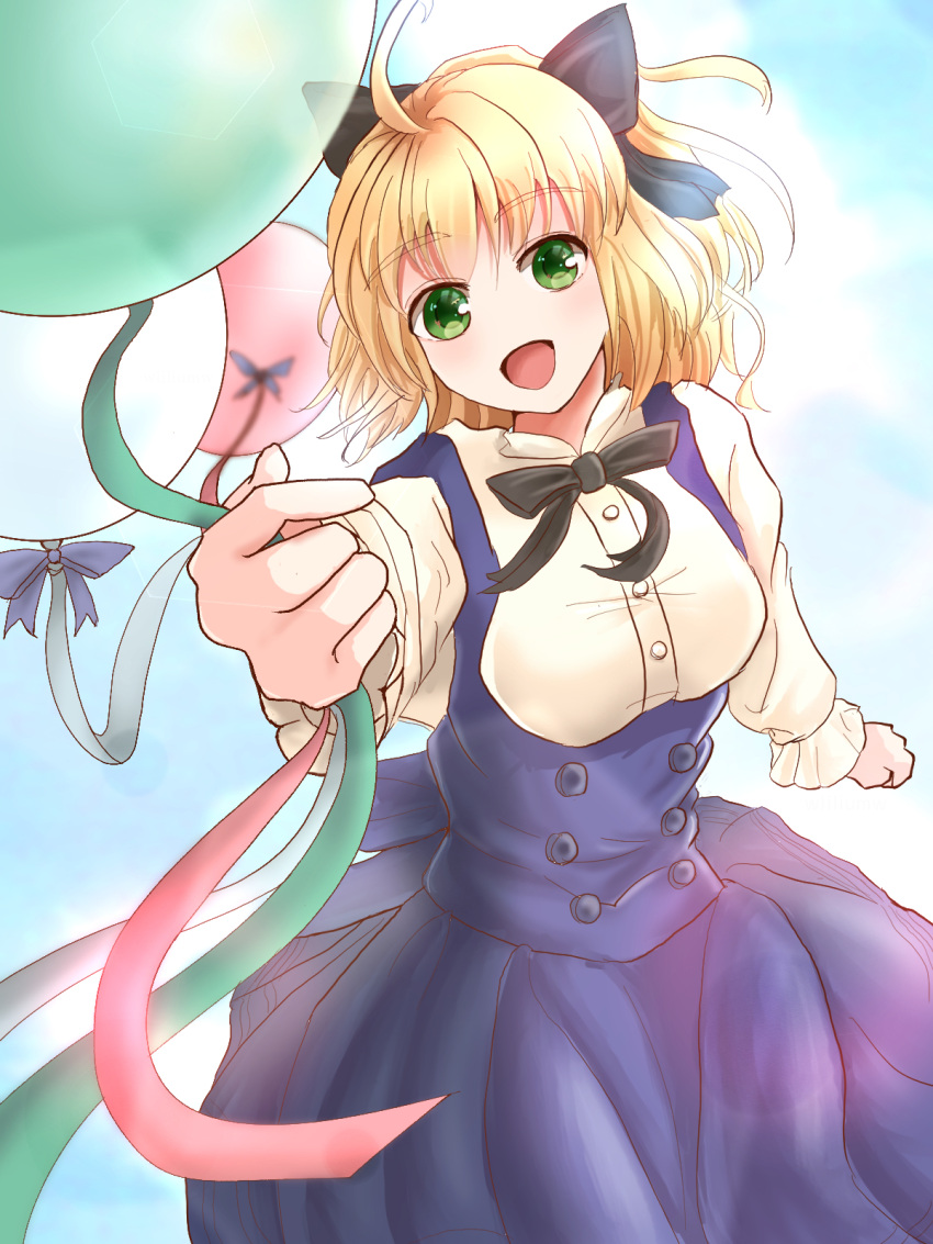 1girl :d ahoge artoria_pendragon_(all) balloon bangs black_bow black_neckwear black_ribbon blonde_hair blue_dress boots bow brown_footwear cross-laced_footwear dress eyebrows_visible_through_hair fate/grand_order fate/unlimited_codes fate_(series) green_eyes hair_bow highres holding_balloon long_sleeves looking_at_viewer ribbon saber_lily satou_grape short_hair simple_background sitting smile solo white_background