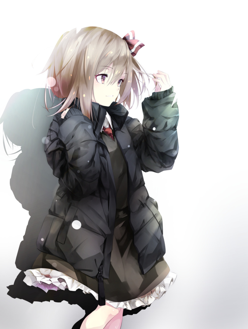 1girl black_skirt black_vest blonde_hair coat drop_shadow feet_out_of_frame gorilla_(bun0615) hair_between_eyes hand_up highres light_smile looking_to_the_side medium_hair rumia simple_background skirt solo touhou vest violet_eyes winter_clothes