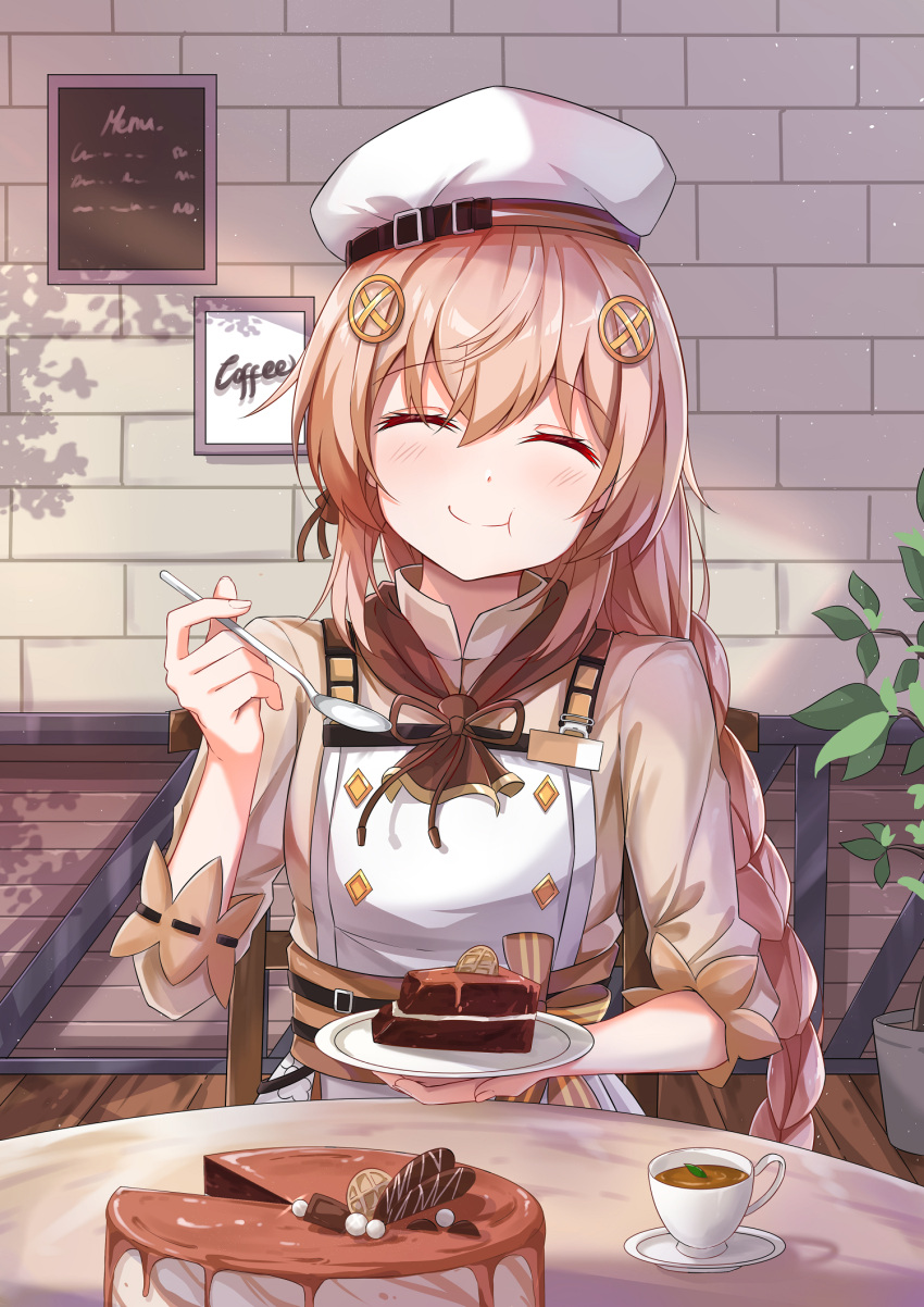 1girl bangs blonde_hair blush braid braided_ponytail breasts brown_dress cafe cake chocolate closed_eyes closed_mouth cup dress eyebrows_visible_through_hair fnc_(girls'_frontline) food girls_frontline hair_ornament hairclip highres holding holding_cake holding_food holding_plate holding_spoon long_hair plate ransei48 sitting smile solo spoon table teacup wall white_headwear