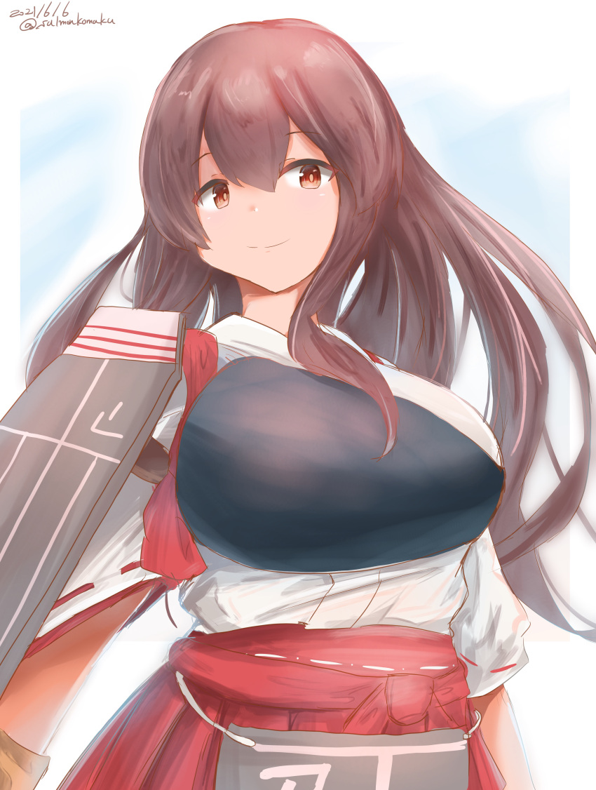 1girl akagi_(kantai_collection) armor bangs breastplate brown_eyes brown_hair from_side hair_between_eyes japanese_clothes kantai_collection kimono long_hair open_mouth parted_lips saamon_(salmonkomaku) shiny shiny_hair simple_background sketch solo straight_hair upper_body white_background white_kimono