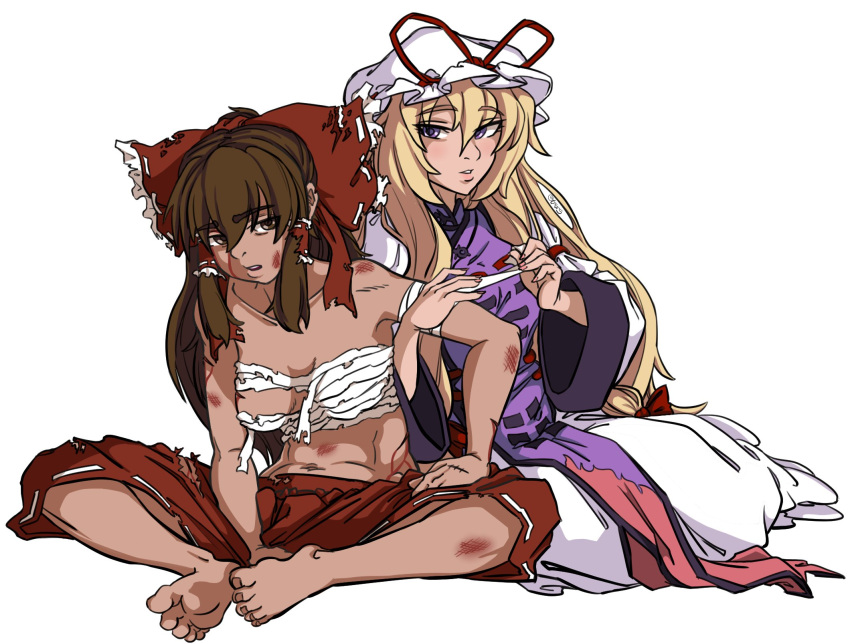 2girls bandaged_arm bandages bangs barefoot blonde_hair blood bow breasts brown_eyes brown_hair commentary dress english_commentary eyebrows_visible_through_hair full_body grunt_(tnurg) hair_between_eyes hair_bow hair_tubes hakurei_reimu hat hat_ribbon highres long_hair long_sleeves looking_at_another medium_breasts mob_cap multiple_girls open_mouth purple_tabard red_bow red_ribbon red_skirt ribbon sarashi scratches sidelocks signature simple_background skirt sleeve_ribbon tabard tan torn_bow torn_clothes torn_sarashi torn_skirt touhou violet_eyes white_background white_dress white_headwear wide_sleeves yakumo_yukari