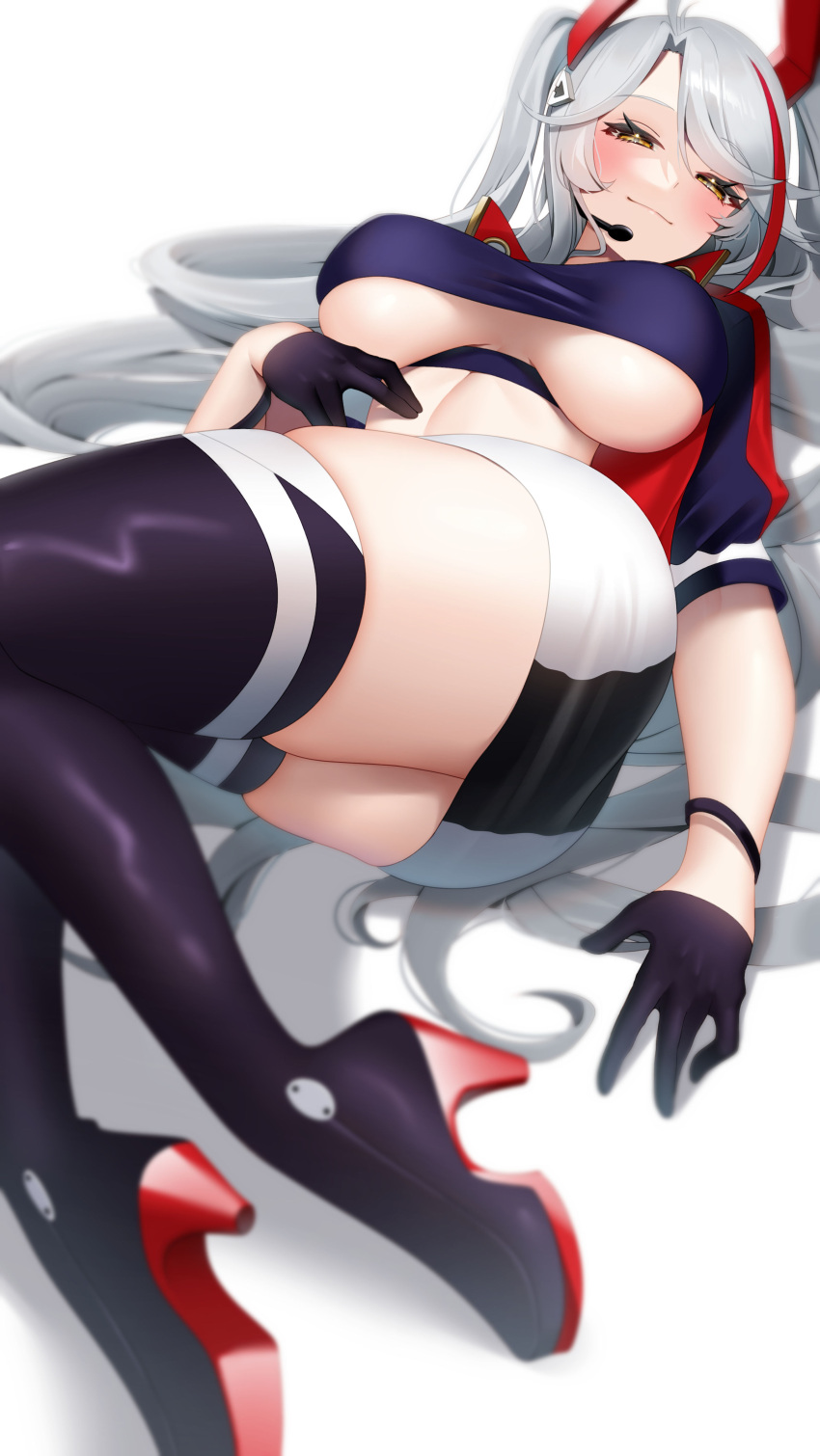 1girl absurdres azur_lane black_skirt blush boots breasts clothing_cutout cropped_shirt earpiece gloves half_gloves headgear high_heels highres jacket long_hair looking_at_viewer lying miniskirt multicolored_hair official_alternate_costume on_back prinz_eugen_(azur_lane) prinz_eugen_(final_lap)_(azur_lane) purple_footwear purple_gloves purple_jacket racequeen redhead seele0907 short_sleeves silver_hair simple_background skirt solo streaked_hair thigh-highs thigh_boots two-tone_skirt under_boob underboob_cutout very_long_hair white_background white_skirt yellow_eyes