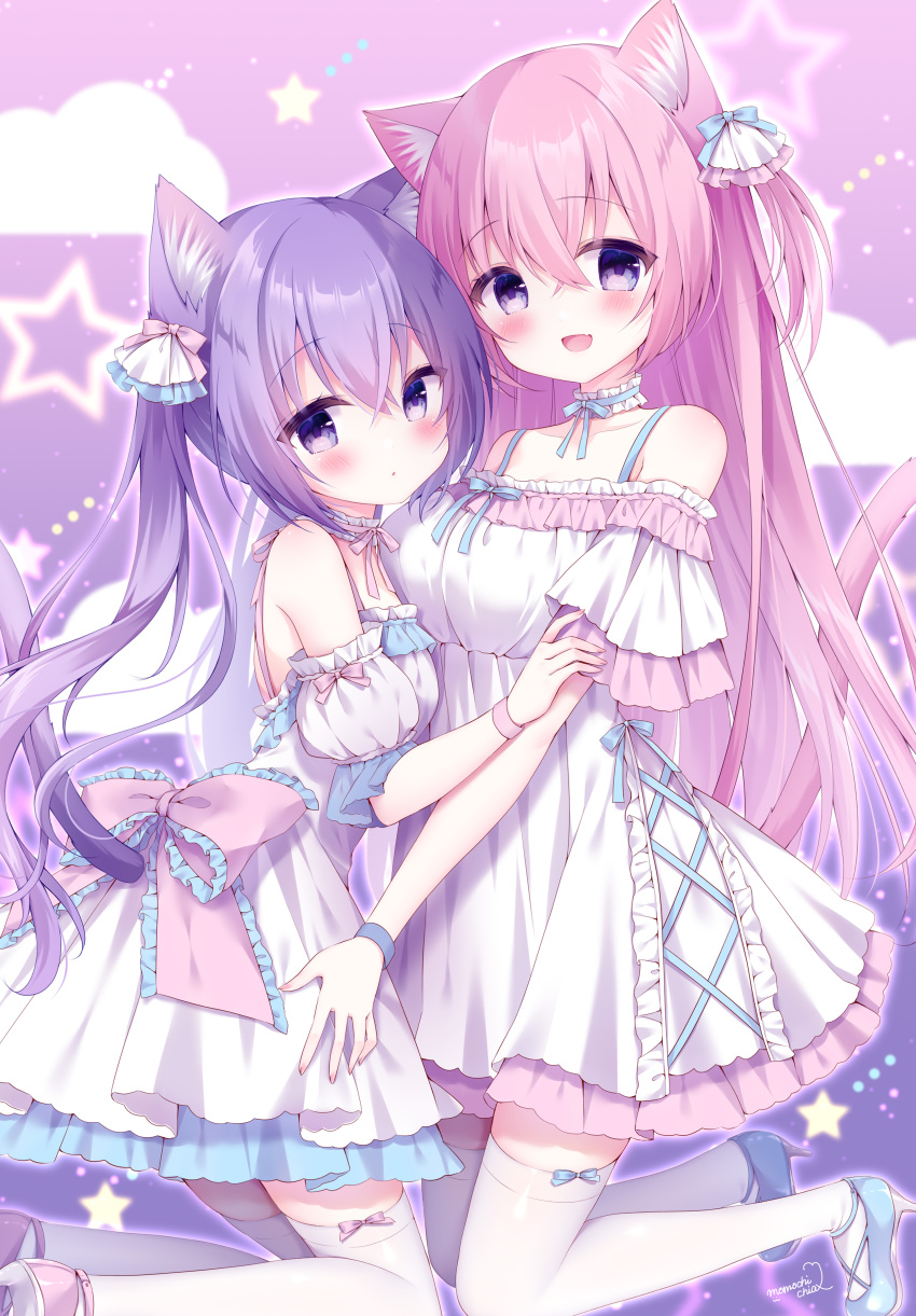 2girls armband blush cat_ears cat_tail cloud cute dress hand_on_hip hug looking_at_viewer original original_character pastel_colors pink_background pink_hair purple_eyes purple_hair ribbon smile star stockings twintails very_long_hair white_dress