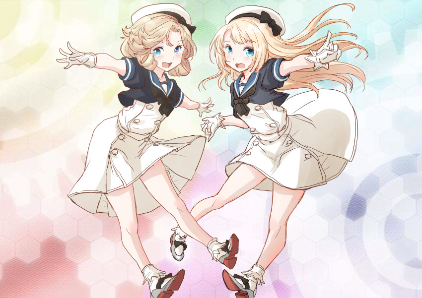 2girls blonde_hair blue_eyes blue_sailor_collar blush dress eyebrows_visible_through_hair fuji_(pixiv24804665) full_body gloves hair_between_eyes hat highres index_finger_raised janus_(kancolle) jervis_(kancolle) kantai_collection long_hair multiple_girls open_mouth outstretched_arms puffy_short_sleeves puffy_sleeves rudder_footwear sailor_collar sailor_dress sailor_hat short_hair short_sleeves smile socks spread_arms white_dress white_gloves white_headwear white_legwear
