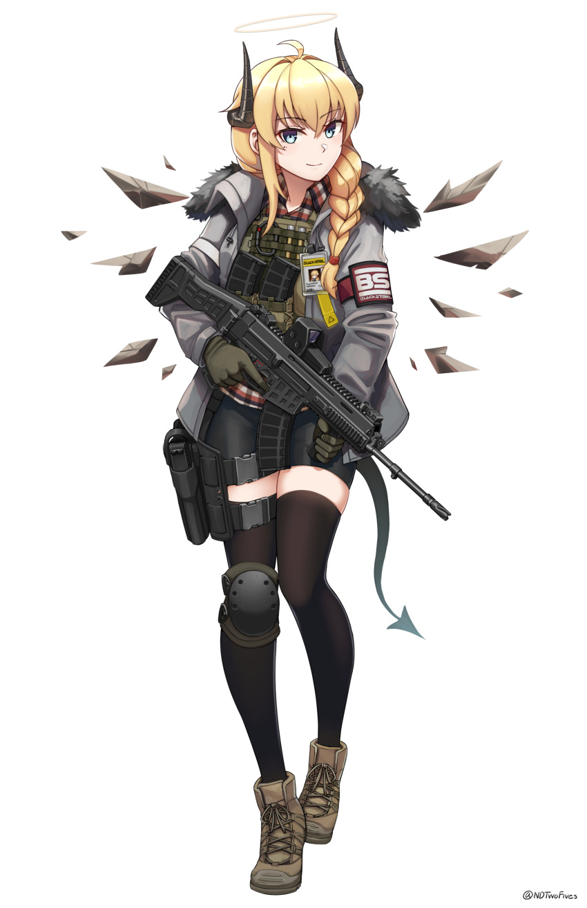 1girl absurdres ahoge arknights bangs bike_shorts black_legwear black_shorts blonde_hair blue_eyes blush boots braid brown_footwear brown_wings closed_mouth collared_shirt commentary demon_girl demon_horns demon_tail detached_wings english_commentary eyebrows_visible_through_hair full_body grey_jacket gun hair_between_eyes hair_intakes hair_over_shoulder halo highres holding holding_gun holding_weapon horns jacket long_hair magazine_(weapon) ndtwofives open_clothes open_jacket original plaid plaid_shirt shirt short_shorts shorts simple_background single_braid smile solo tail thigh-highs thighhighs_under_boots weapon weapon_request white_background wings