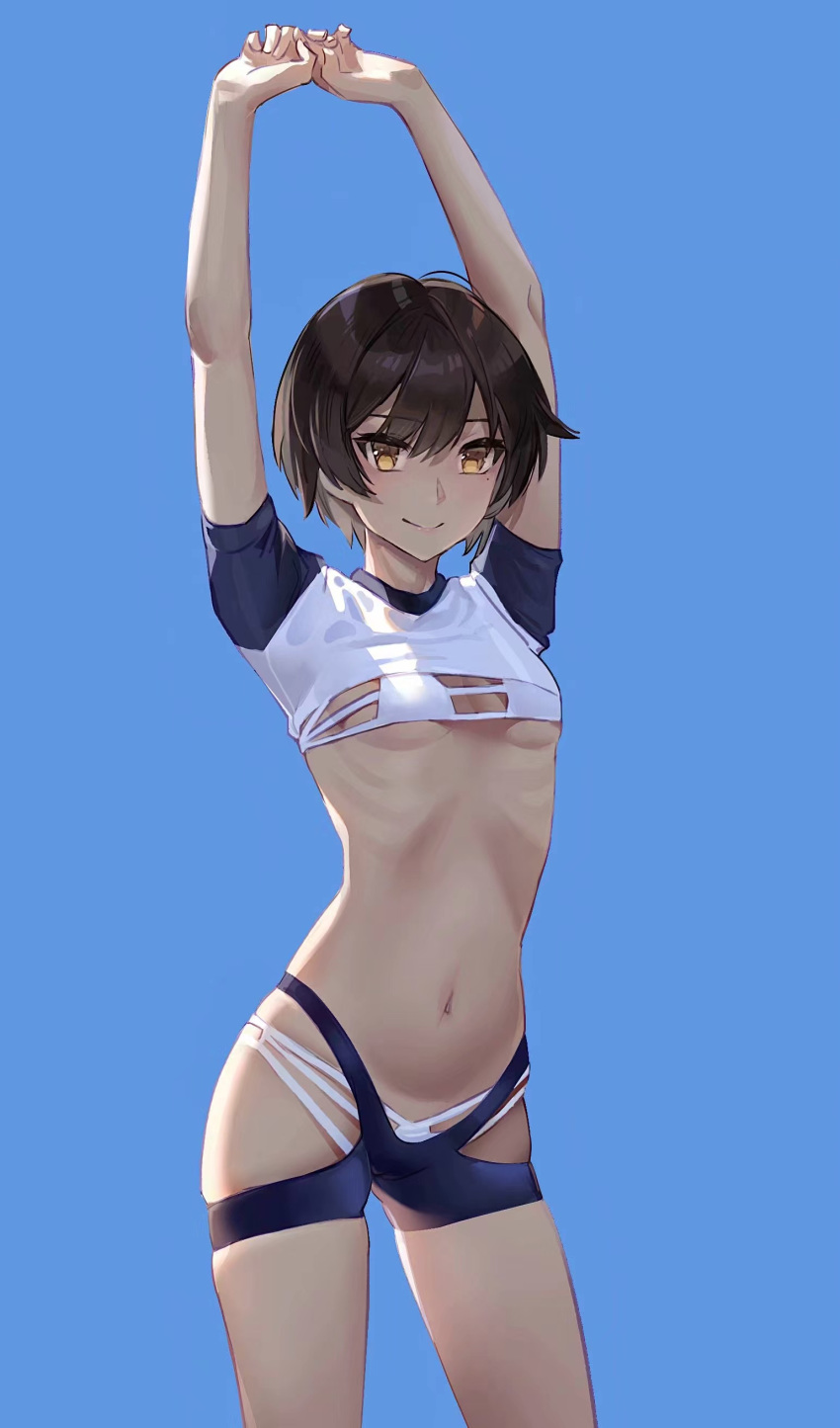 1girl absurdres arm_support bangs bikini blue_background breasts brown_hair closed_mouth commentary_request cowboy_shot dark-skinned_female dark_skin eyebrows_visible_through_hair highres kuza_brs looking_at_viewer navel original own_hands_together ribs short_hair short_sleeves shrug_(clothing) simple_background small_breasts smile solo standing stomach swimsuit white_bikini yellow_eyes
