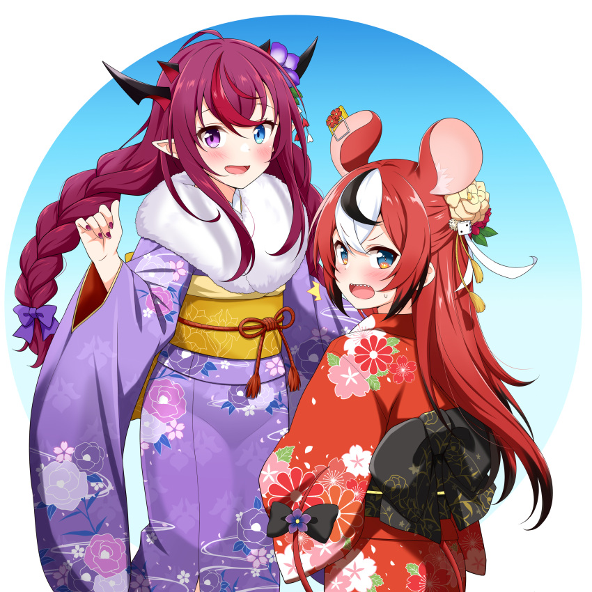 2girls :d absurdres animal_ears bangs black_bow black_hair blush bow braid commentary dice_hair_ornament english_commentary eyebrows_visible_through_hair fang felutiahime floral_print flower fur_trim hair_bow hair_flower hair_ornament hakos_baelz highres hololive hololive_english irys_(hololive) japanese_clothes kimono long_hair looking_at_viewer looking_back mouse_ears mouse_tail mousetrap multicolored_hair multiple_girls nail_polish obi open_mouth print_kimono print_sash purple_bow purple_flower purple_hair purple_legwear purple_nails red_eyes red_kimono sash sharp_teeth smile streaked_hair tail tail_bow tail_ornament teeth twin_braids upper_teeth v-shaped_eyebrows violet_eyes virtual_youtuber white_hair yellow_eyes yellow_flower