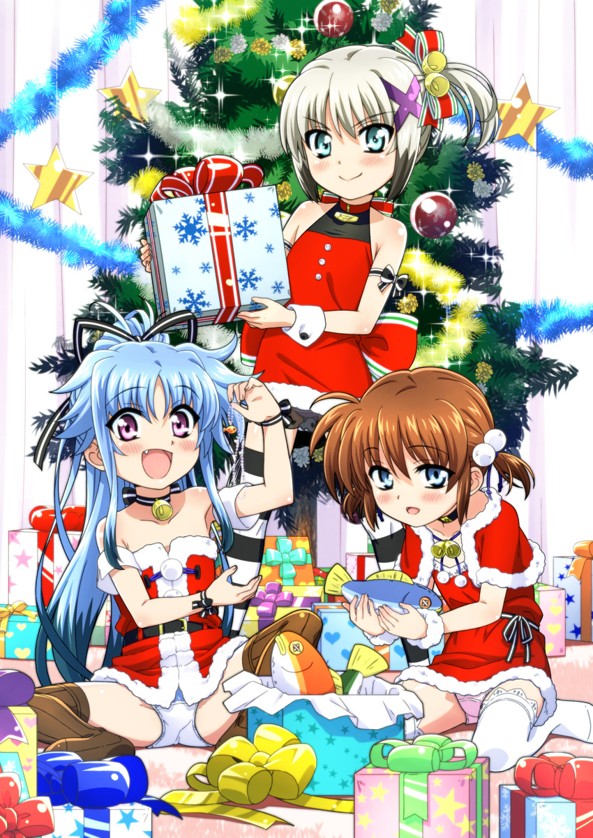 3girls :d absurdres alternate_hairstyle aqua_eyes arm_ribbon armband back_bow bangs bare_shoulders bell black_choker black_hair black_legwear black_ribbon blue_eyes blue_hair blue_panties blush bow brown_hair capelet choker christmas christmas_ornaments christmas_tree closed_mouth commentary_request crotch_seam dearche_kings_claudia dress eyebrows_visible_through_hair fang fish fur-trimmed_capelet fur-trimmed_dress fur_trim garland_(decoration) gift hair_bell hair_bobbles hair_ornament hair_ribbon hair_up halter_dress halterneck heart heart_print highres holding holding_gift indoors jewelry jewelry_removed large_bow leaning_forward levi_russel long_hair looking_at_viewer low_twintails lyrical_nanoha mahou_shoujo_lyrical_nanoha_innocent miyajima_hitoshi multicolored_hair multiple_girls neck_bell necklace necklace_removed on_floor open_mouth panties pantyshot pink_panties ponytail red_bow red_capelet red_dress revision ribbon santa_dress short_dress short_hair sidelocks silver_hair sitting smile snowflake_print sparkle spread_legs standing star_ornament stern_starks strapless strapless_dress striped striped_legwear thigh-highs twintails two-tone_hair underwear violet_eyes wariza white_legwear wrist_cuffs x_hair_ornament