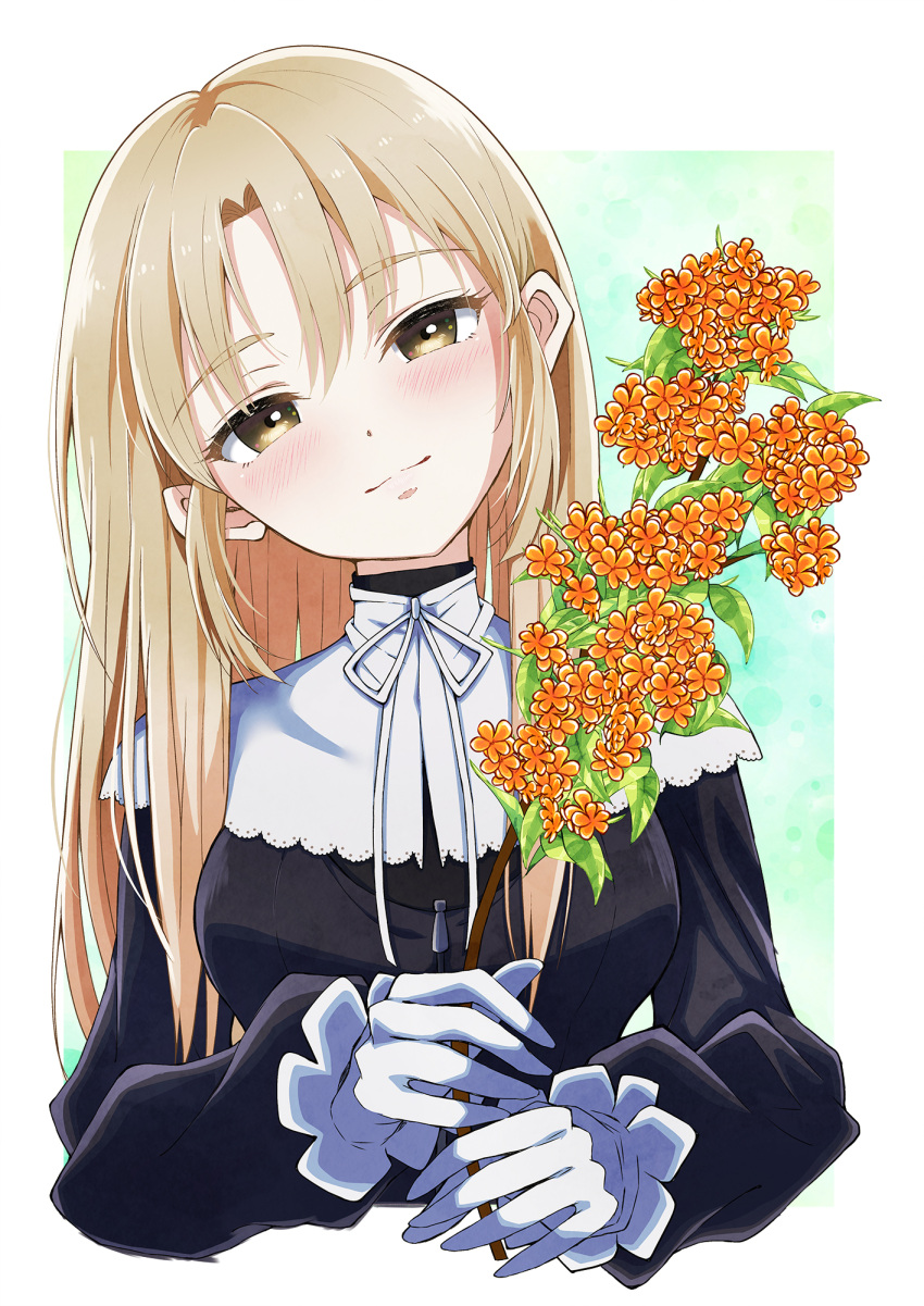 1girl black_dress blonde_hair blush closed_mouth cropped_torso dress eyebrows eyebrows_visible_through_hair flower forehead gloves habit highres holding holding_flower long_hair long_sleeves looking_at_viewer nijisanji nun sister_cleaire smile solo upper_body virtual_youtuber white_gloves yellow_eyes yuupenman