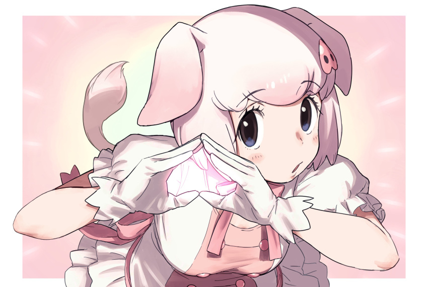 1girl animal_ears bangs blush bow commentary_request dress eyebrows_visible_through_hair frilled_dress frilled_skirt frilled_sleeves frills gloves gradient_hair grey_eyes hair_ornament heart heart_hands highres kemono_friends looking_at_viewer multicolored_hair open_mouth pig_(kemono_friends) pig_ears pig_girl pig_nose pig_tail pink_bow pink_dress pink_hair pink_legwear puffy_short_sleeves puffy_sleeves shirt short_hair short_sleeves skirt solo tail tsushima_ao upper_body white_dress white_gloves white_hair white_shirt white_skirt