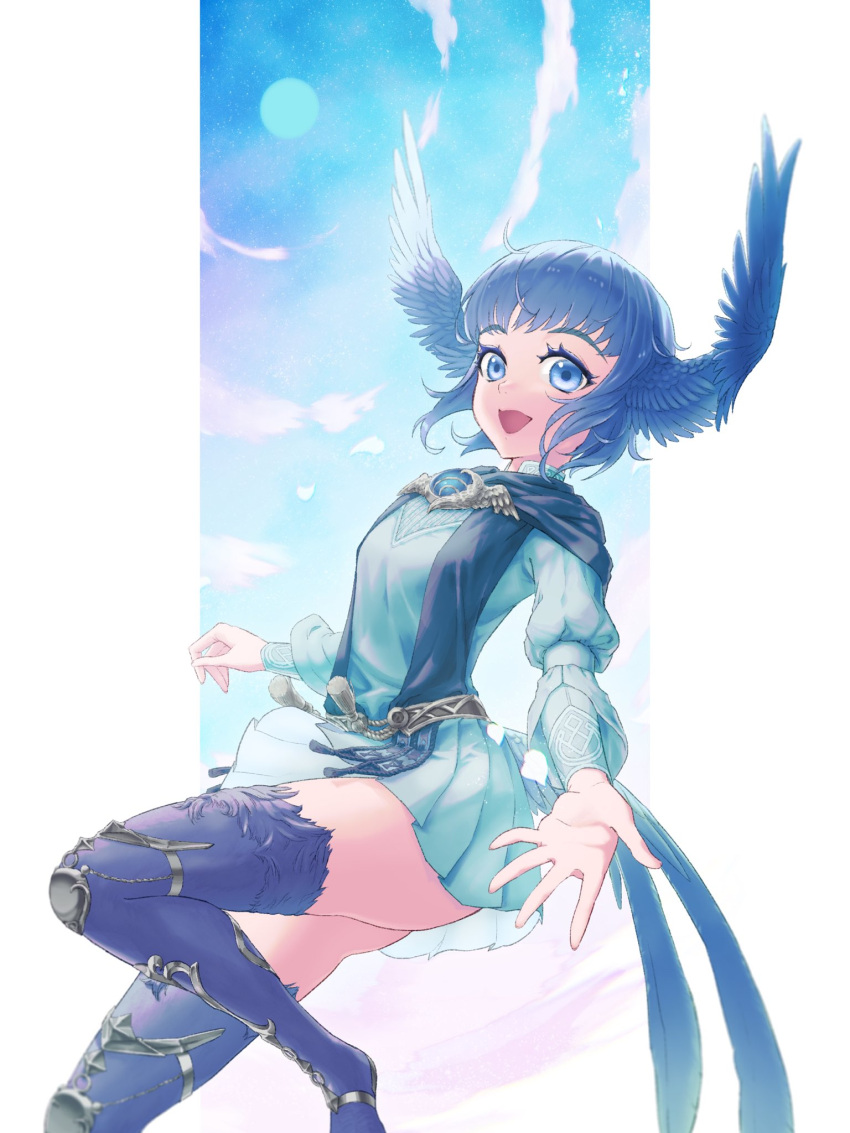 1girl :d animal_feet bird_legs bird_tail bird_wings blue_dress blue_eyes blue_hair blue_pupils blue_sky blue_wings brooch clouds colored_eyelashes day dress eyebrows_visible_through_hair feathered_wings feathers final_fantasy final_fantasy_xiv harpy head_wings highres jewelry light_particles long_sleeves meteion monster_girl open_mouth petals pleated_dress short_dress short_hair sky smile solo star_(sky) starry_sky sun tail tassel u_(dpn) wings