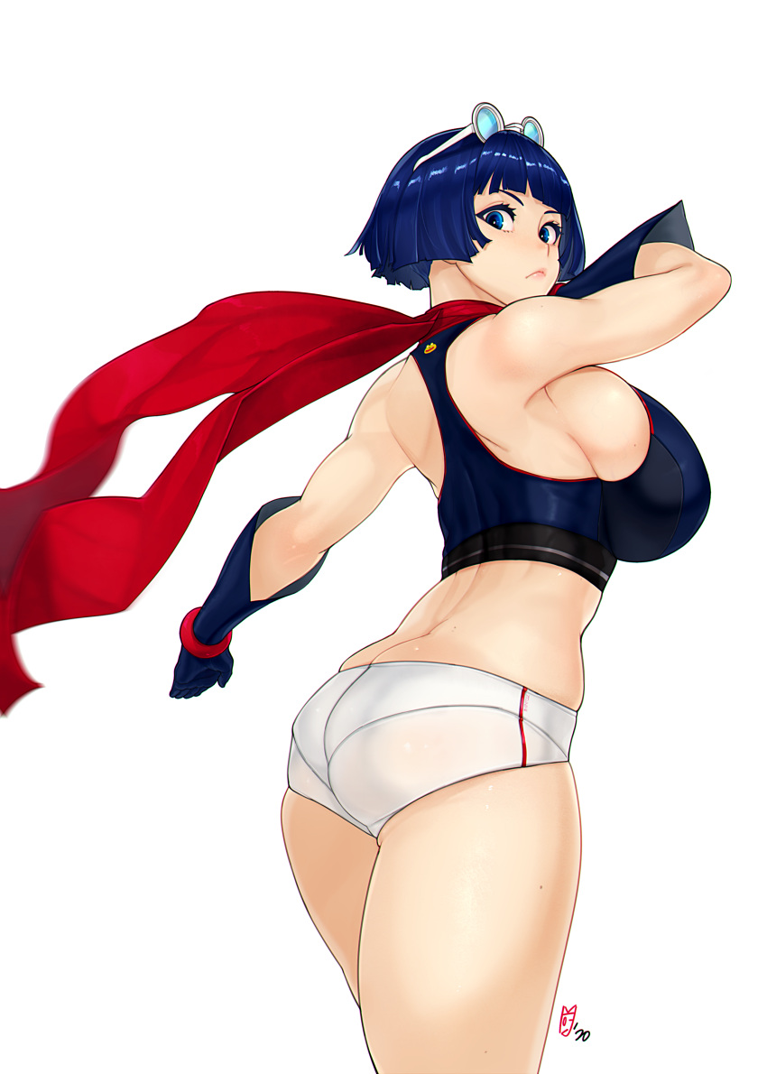 1girl absurdres alternate_breast_size ass bangs bare_shoulders blue_eyes blue_gloves blue_hair blunt_bangs breasts english_commentary eyewear_on_head floating_scarf gloves highres huge_breasts korean_commentary looking_at_viewer looking_back may_lee mixed-language_commentary mole mole_on_thigh red_scarf scarf short_hair short_shorts shorts sideboob simple_background solo sunglasses the_king_of_fighters thighs white_background white_shorts zcune