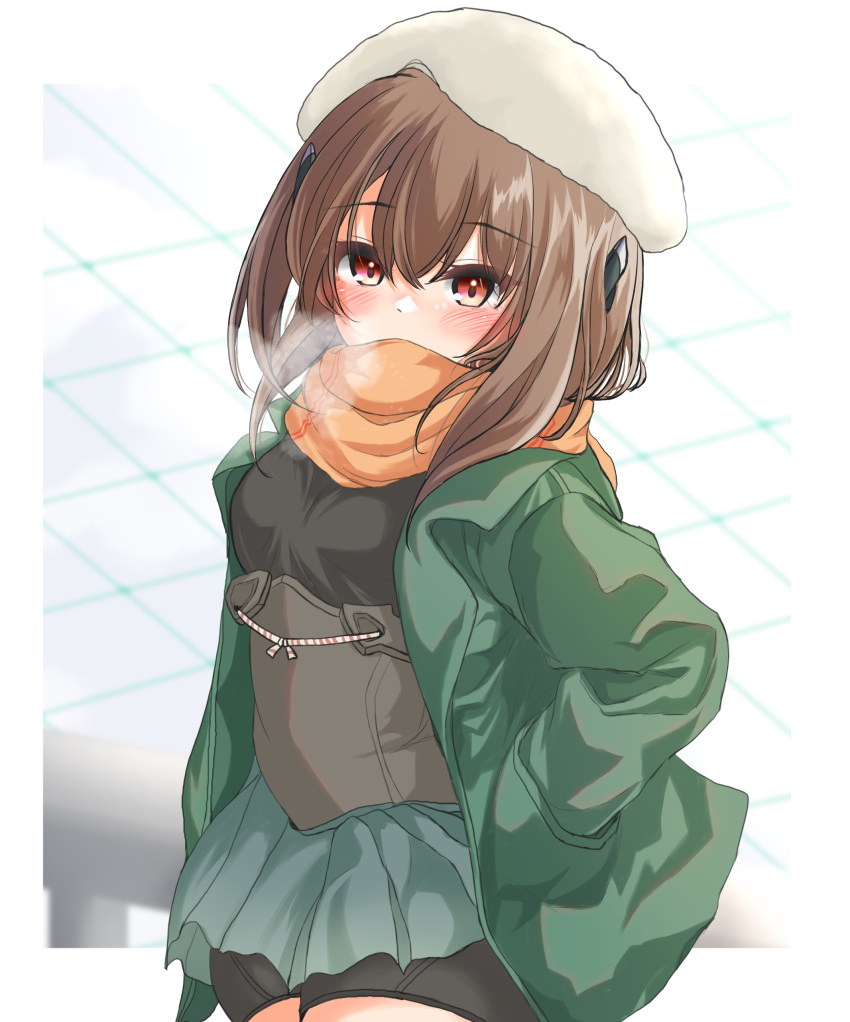 1girl absurdres beret bike_shorts black_shorts breath brown_eyes brown_hair commentary_request corset covering_mouth cowboy_shot duplicate green_jacket green_skirt hands_in_pockets hat highres jacket kantai_collection kasashi_(kasasi008) looking_at_viewer orange_scarf pixel-perfect_duplicate pleated_skirt scarf shorts skirt solo taihou_(kancolle) white_headwear