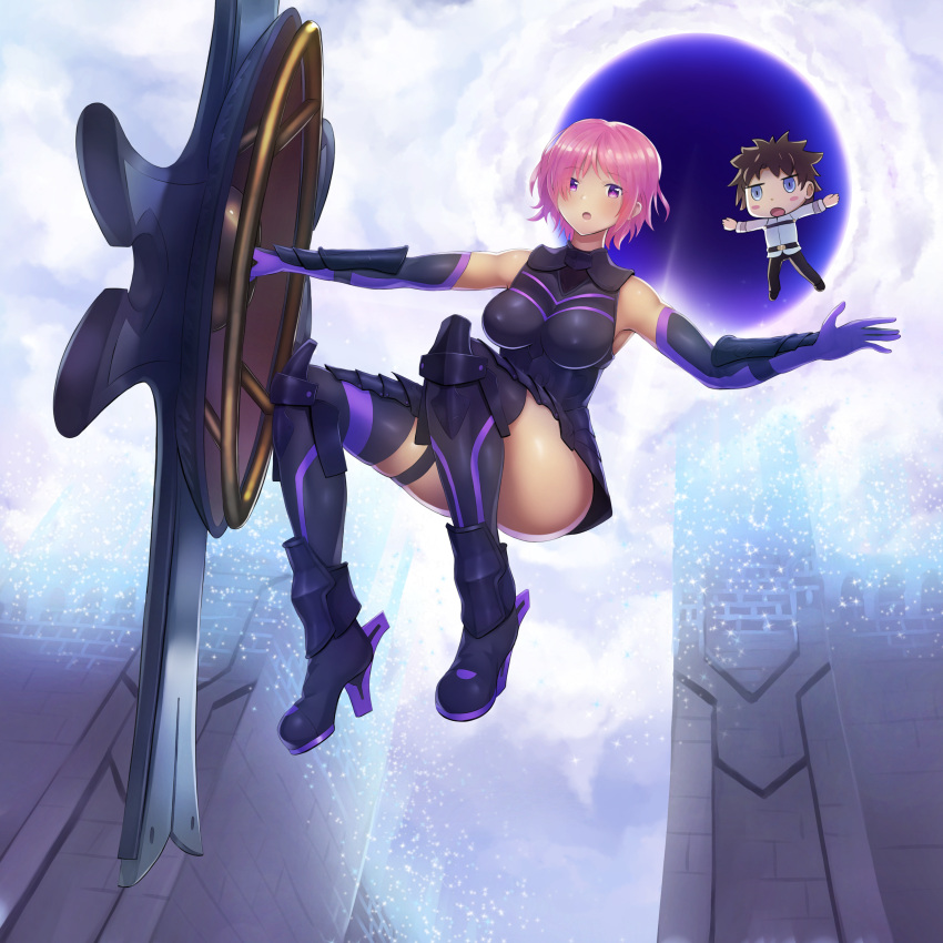 1boy 1girl absurdres armored_boots black_pants blush bodysuit boots breasts brown_hair chaldea_combat_uniform chibi elbow_gloves fate/grand_order fate_(series) fujimaru_ritsuka_(male) gloves hair_over_one_eye high_heel_boots high_heels highres jacket large_breasts mash_kyrielight outstretched_arms pants purple_hair shield skindentation thigh-highs thigh_strap thighs violet_eyes warmcummies white_jacket