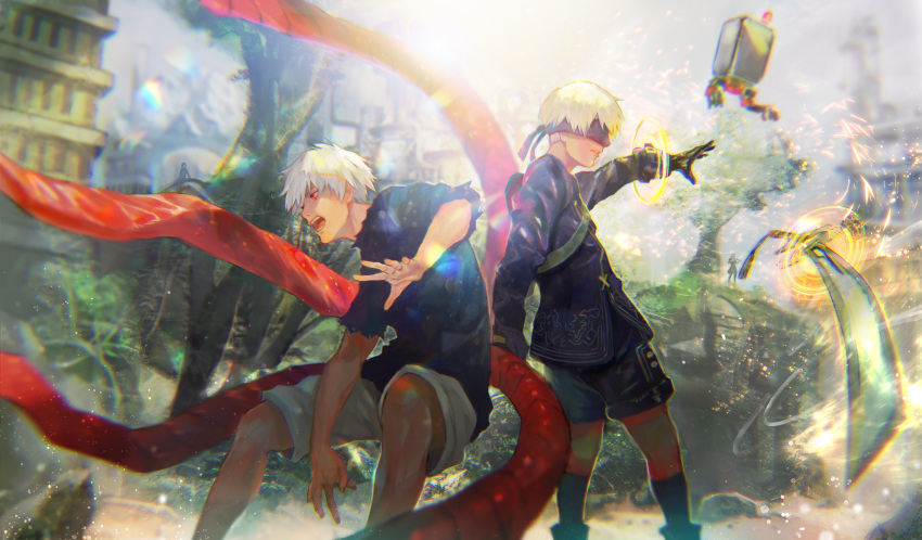 2boys black_blindfold black_gloves blindfold boots choker commentary_request gloves hanae_natsuki highres kagune_(tokyo_ghoul) kaneki_ken kyuuba_melo male_focus multiple_boys nier_(series) nier_automata pod_(nier_automata) short_hair silver_hair smile sword tokyo_ghoul tree voice_actor_connection weapon white_hair yorha_no._2_type_b yorha_no._9_type_s